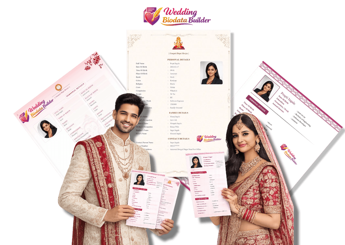 Free Hindu marriage biodata PDF template — created on Wedding Biodata Builder in 5 minutes